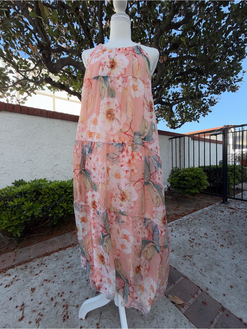 Elena Baldi Silk Blend Made In Italy Peach Floral Tiered M Dress Romantic